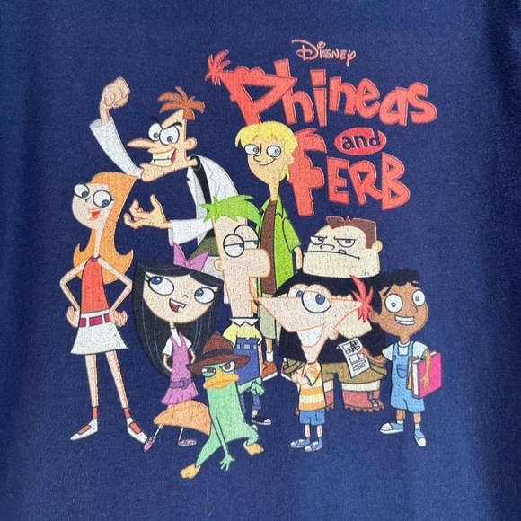 Disney Y2K Phineas and Ferb Cartoon Graphic Print Navy T-Shirt XS Youth - Picture 2 of 6